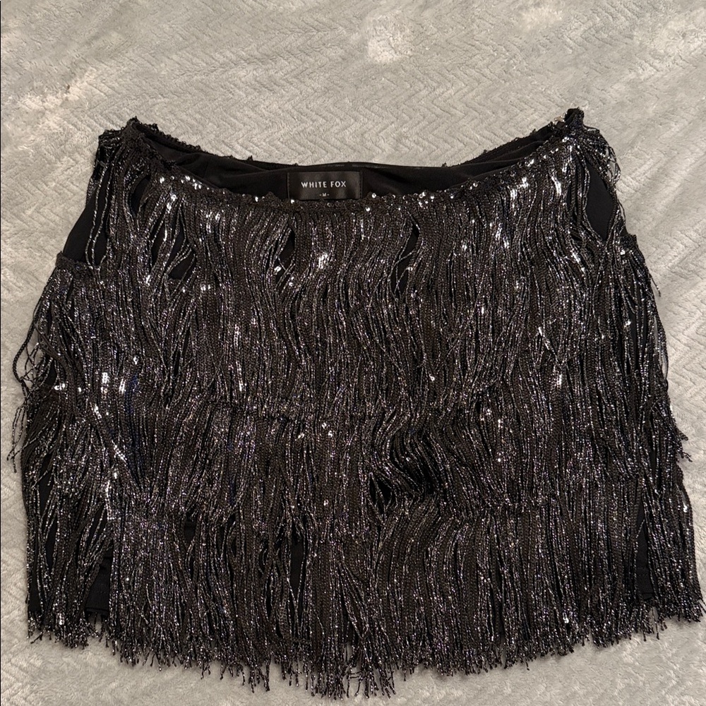 White Fox Boutique Black Sequin Fringe Mini Skirt